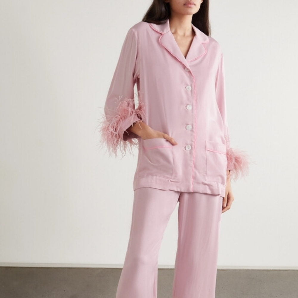 Sleeper Pink Collared V-Neck Long Sleeve Button-Up Feather Trim Party Pajama Top